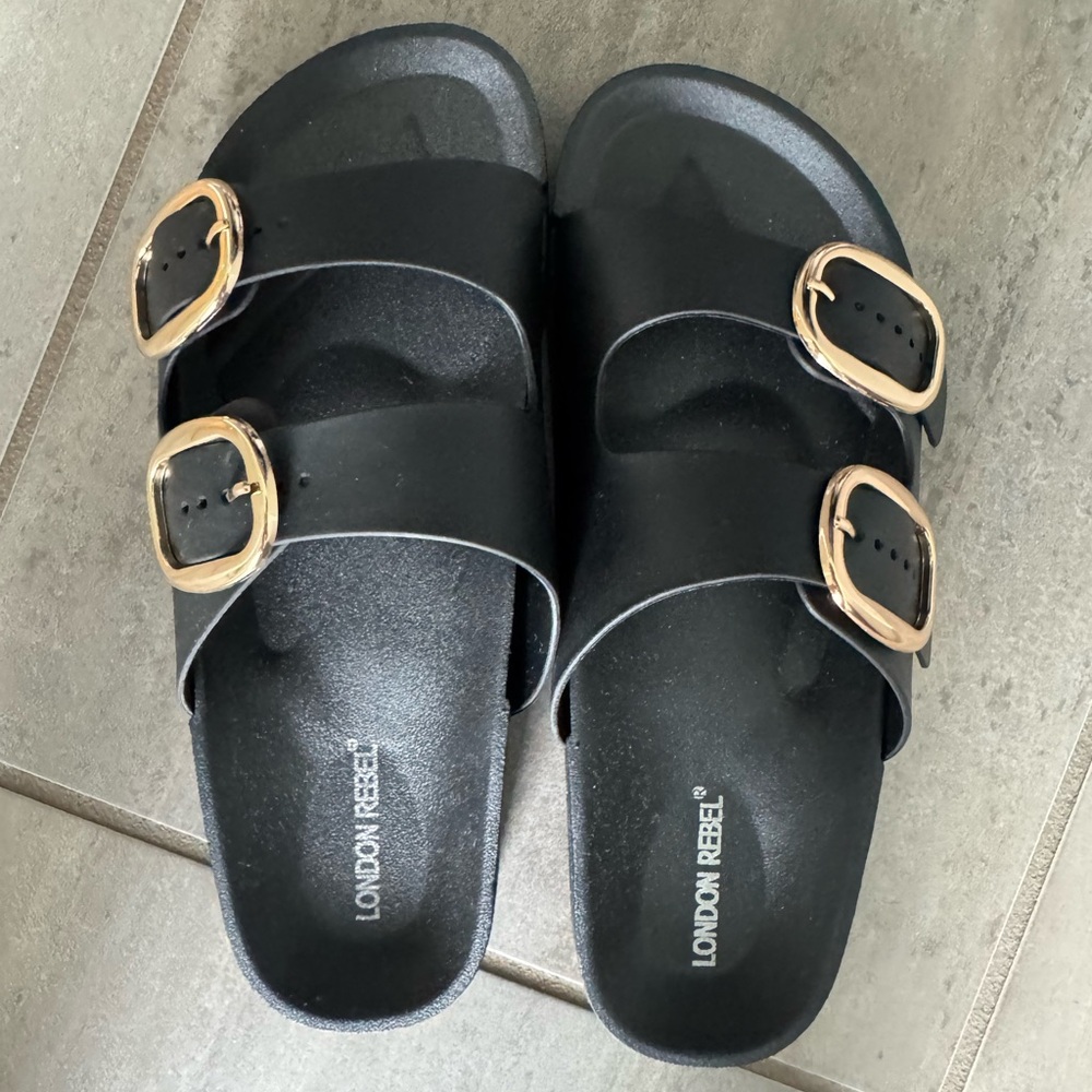 London Rebel Black Slide Sandals with Gold Buckles NWT